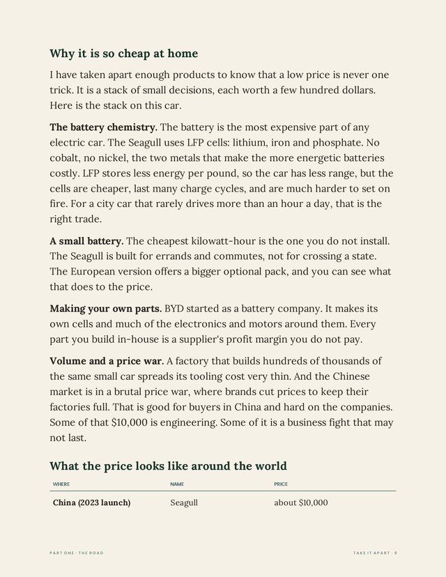 Page 9 of Take It Apart: chapter 1, why the $10,000 car is so cheap at home.